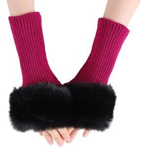 Women's Rose Knitted Fingerless Faux Fur Wrist Cuff Thumb Hole Warmers Gloves